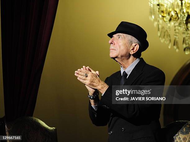 Canadian singer Leonard Cohen acknowledges applauses before the concert "A Tribute to Leonard Cohen" at the Jovellanos Theatre in Gijon, on October...