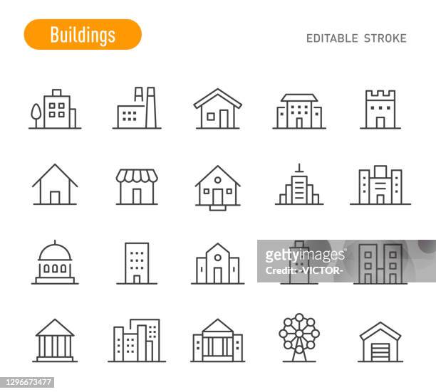 illustrazioni stock, clip art, cartoni animati e icone di tendenza di icone edifici - serie linea - tratto modificabile - esterno di un edificio