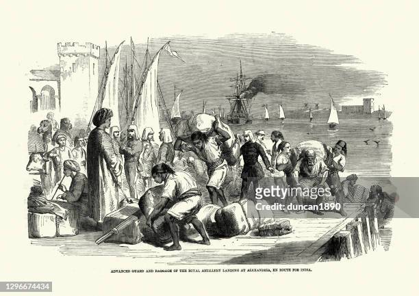 advanced guard and baggage of the royal artillery landing landing at alexandria - north african ethnicity stock illustrations