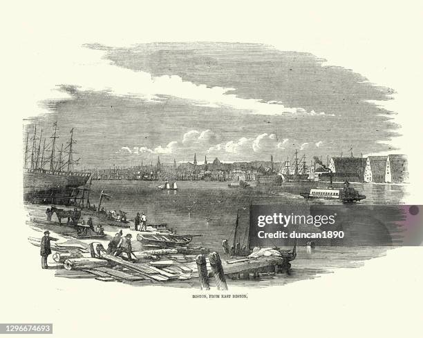 ilustraciones, imágenes clip art, dibujos animados e iconos de stock de vista de boston, ee. uu., desde el este, 1850, siglo xix - boston harbor