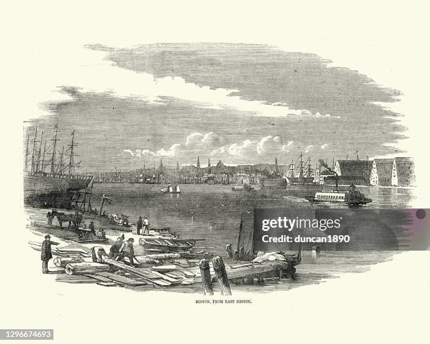 view of boston, usa, from the east, 1850s, 19th century - boston harbor ship stock illustrations