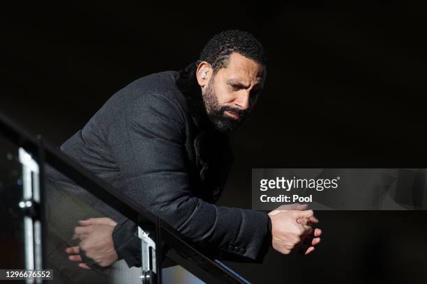 Rio Ferdinand, BT Pundit and former footballer looks on prior to the Premier League match between Wolverhampton Wanderers and West Bromwich Albion at...