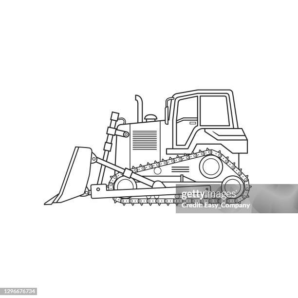 推土機滑行前裝載機施工現場車輛設備機。只有黑色和白色的著色頁，兒童讀物。 - scoop shape 幅插畫檔、美工圖案、卡通及圖標