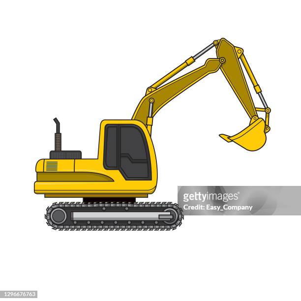 yellow excavator digger crawler wheels vehicle equipment machine construction site. only black and white for coloring page, children book. - containment boom stock illustrations