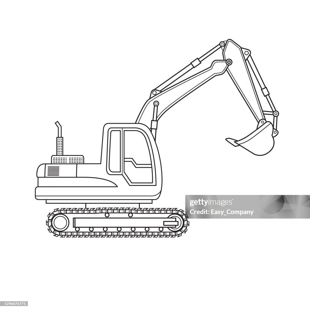 Cartoon Bagger Bagger Crawler Räder Fahrzeug Ausrüstung Maschinenbaustelle. Nur schwarz und weiß für Malseite, Kinder buch.