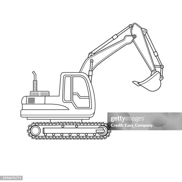 illustrazioni stock, clip art, cartoni animati e icone di tendenza di cartone animato scavatore scavatore ruote cingolati veicolo attrezzatura cantiere macchina. solo bianco e nero per la pagina da colorare, libro per bambini. - bulldozer