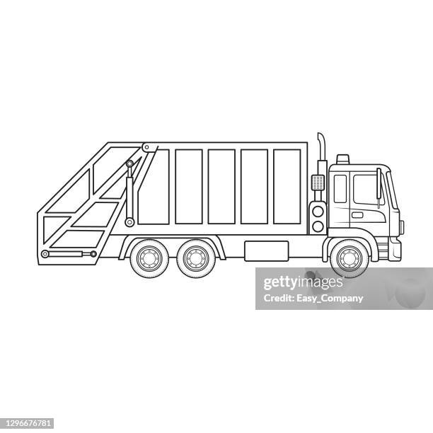 garbage truck dustcart machine vehicle cartoon. only black and white for coloring page, children book. - dustbin lorry stock illustrations