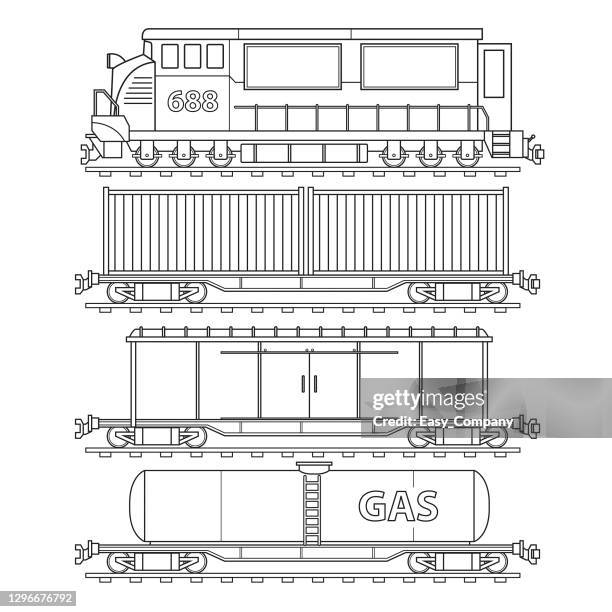 ilustraciones, imágenes clip art, dibujos animados e iconos de stock de locomotora y trenes de transporte de vehículos terrestres. sólo blanco y negro para la página para colorear, los niños reservan. - mechanical drawing car