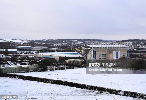 General view outside the stadium in the snow prior to the Premier League match between Leeds United and Brighton & Hove Albion at Elland Road on...