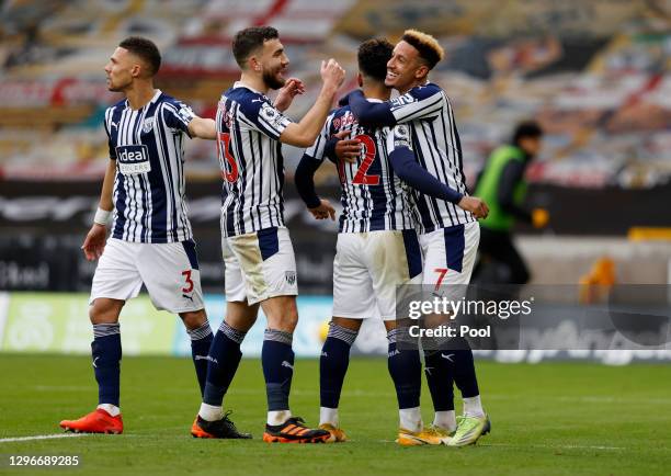 Matheus Pereira of West Bromwich Albion celebrates with teammates Kieran Gibbs, Robert Snodgrass, and Callum Robinson after scoring his team's third...