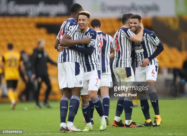 Semi Ajayi of West Bromwich Albion and Callum Robinson of West Bromwich Albion celebrate following their team's victory in the Premier League match...