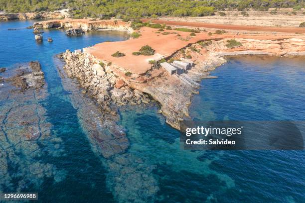 aerial view around scenic balearic islands. ibiza - sant antoni de portmany stock pictures, royalty-free photos & images