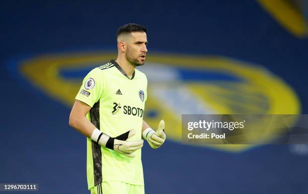 Kiko Casilla of Leeds United looks on during the Premier League match between Leeds United and Brighton & Hove Albion at Elland Road on January 16,...