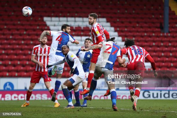 Nick Powell of Stoke City scores his team's first goal during the Sky Bet Championship match between Blackburn Rovers and Stoke City at Ewood Park on...