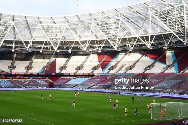 General view inside the stadium as Michail Antonio of West Ham United scores his team's first goal past Nick Pope of Burnley during the Premier...