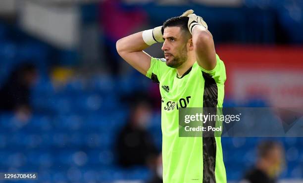 Kiko Casilla of Leeds United reacts during the Premier League match between Leeds United and Brighton & Hove Albion at Elland Road on January 16,...