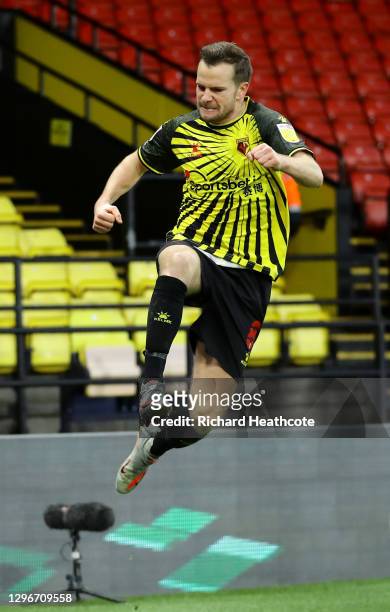 Tom Cleverley of Watford celebrates after scoring his team's first goal during the Sky Bet Championship match between Watford and Huddersfield Town...