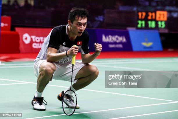 Ng Ka Long Angus of Hong Kong celebrates the victory in the Men’s Singles semi finals match against Chou Tien Chen of Chinese Taipei on day five of...
