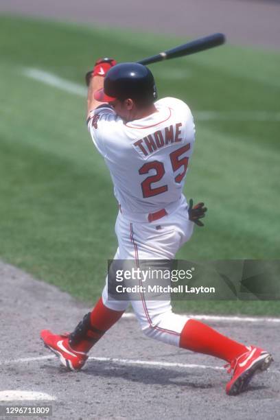 Jim Thome of the Cleveland Indians takes a swing during a baseball game against the Baltimore Orioles on May 28, 1997 at Jacobs Fields in Cleveland,...