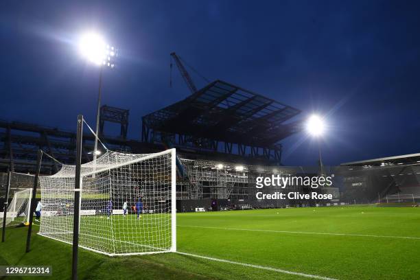 General view inside the stadium as the riverside stand is seen under construction prior to the Premier League match between Fulham and Chelsea at...