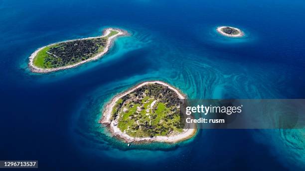 aerial view of desert islands and fish shaped island gaz, brijuni park, croatia - archipelago stock pictures, royalty-free photos & images