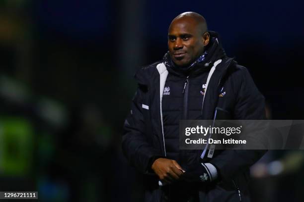 Frank Sinclair, Head of Coaching Development at Port Vale leaves the pitch after the Sky Bet League Two match between Forest Green Rovers and Port...