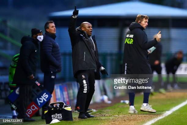 Frank Sinclair, Head of Coaching Development at Port Vale reacts on the touchline during the Sky Bet League Two match between Forest Green Rovers and...