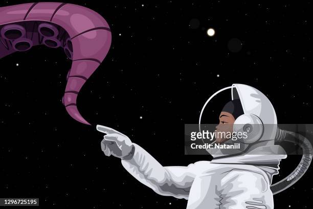 ilustrações, clipart, desenhos animados e ícones de pôster espacial - astronauta