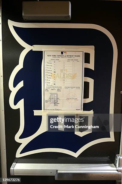 The line-up card hangs on the Detroit Tigers clubhouse door before Game Three of the American League Division Series against the New York Yankees at...