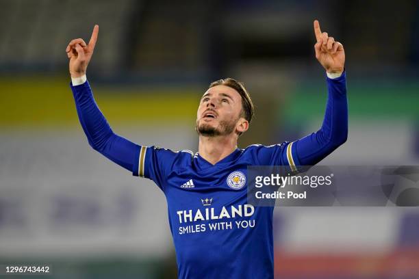 James Maddison of Leicester City celebrates after scoring their team's first goal during the Premier League match between Leicester City and...