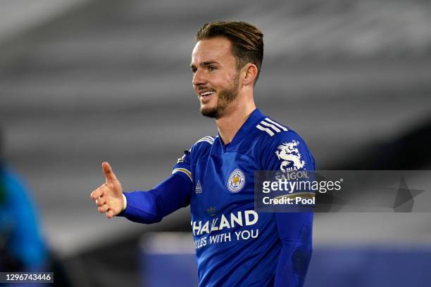 James Maddison of Leicester City celebrates after scoring their team's first goal during the Premier League match between Leicester City and...
