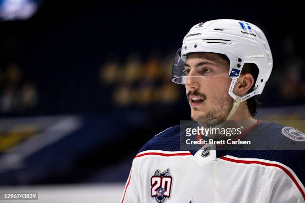 Zach Werenski of the Columbus Blue Jackets skates in a stoppage against the Nashville Predators during the third period at Bridgestone Arena on...