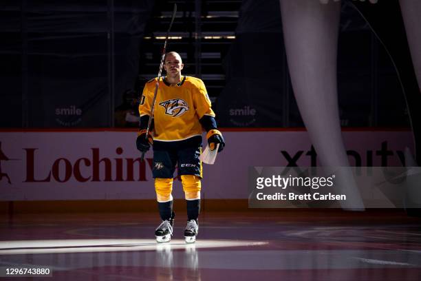 Mark Borowiecki of the Nashville Predators is announced before the game against the Columbus Blue Jackets at Bridgestone Arena on January 14, 2021 in...