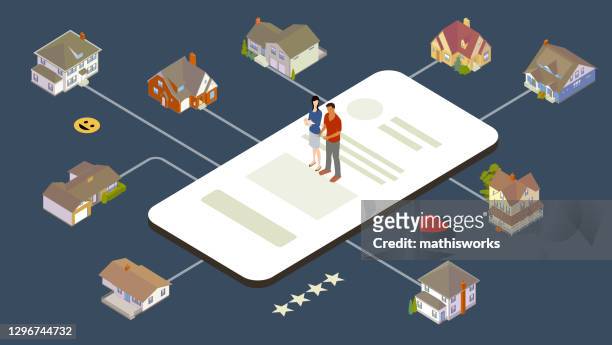 illustrazioni stock, clip art, cartoni animati e icone di tendenza di illustrazione dell'app per l'acquisto di case - big tech