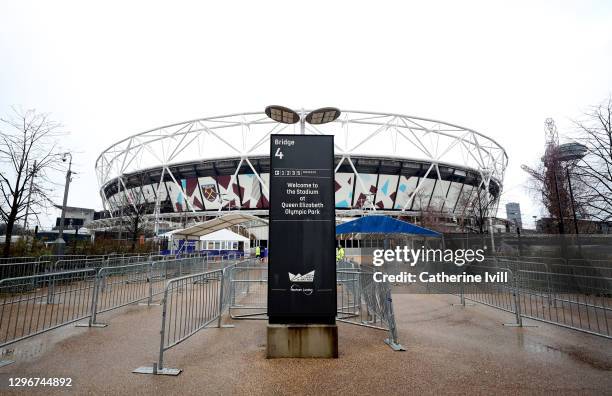 General view outside the stadium ahead of the Premier League match between West Ham United and Burnley at London Stadium on January 16, 2021 in...