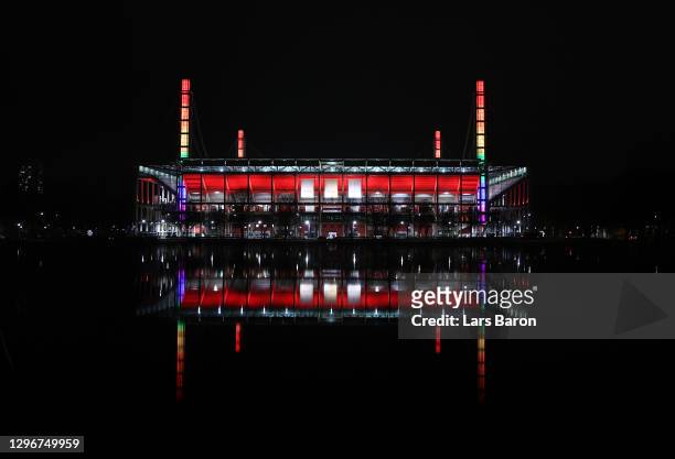General view of the stadium illuminated in rainbow colors after the Bundesliga match between 1. FC Koeln and Hertha BSC at RheinEnergieStadion on...