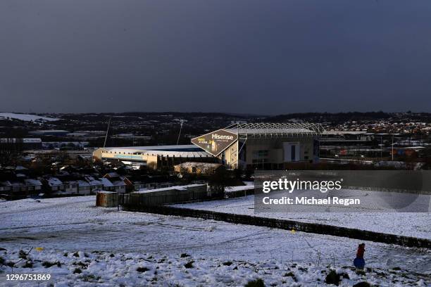 View of Elland road in the snow during the Premier League match between Leeds United and Brighton & Hove Albion at Elland Road on January 16, 2021 in...