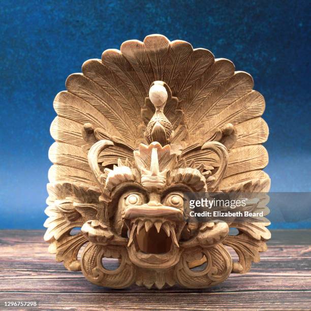 barong dance wooden mask carving from bali - balinese headdress stock pictures, royalty-free photos & images