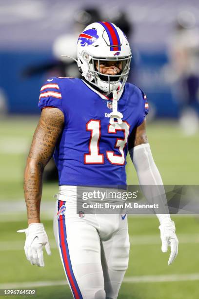 Gabriel Davis of the Buffalo Bills warms up before the AFC Divisional Playoff game against the Baltimore Ravens at Bills Stadium on January 16, 2021...