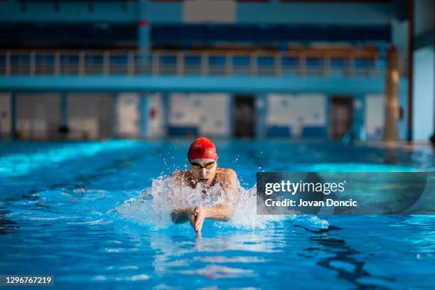 männliche schwimmerin schwimmen brustschwimmen - schwimmwettkampf stock-fotos und bilder