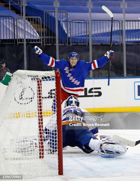 Kaapo Kakko of the New York Rangers scores against Ilya Sorokin of the New York Islanders at 15:24 of the second period at Madison Square Garden on...
