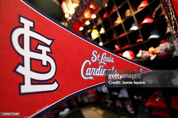 St. Louis Cardinals banner is seen in a gift shop prior to Game One of the MLB World Series against the Texas Rangers at Busch Stadium on October 19,...