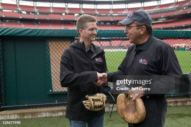 Pepsi Max Field Of Dreams Winner Tim Wisecup meets MLB legend Johnny Bench at Busch Stadium on October 19, 2011 in St. Louis, Missouri. Tim will be...