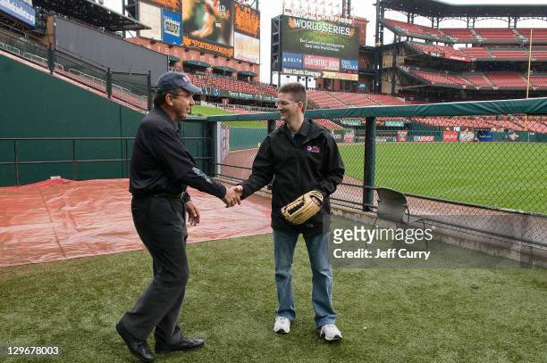 Pepsi Max Field Of Dreams Winner Tim Wisecup meets MLB legend Johnny Bench at Busch Stadium on October 19, 2011 in St. Louis, Missouri. Tim will be...