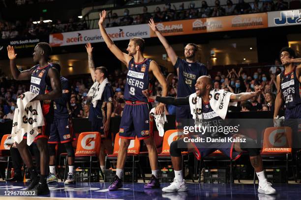 Jack McVeigh of the 36ers and Tony Crocker of the 36ers celebrate during the round one NBL match between the Adelaide 36ers and the South East...