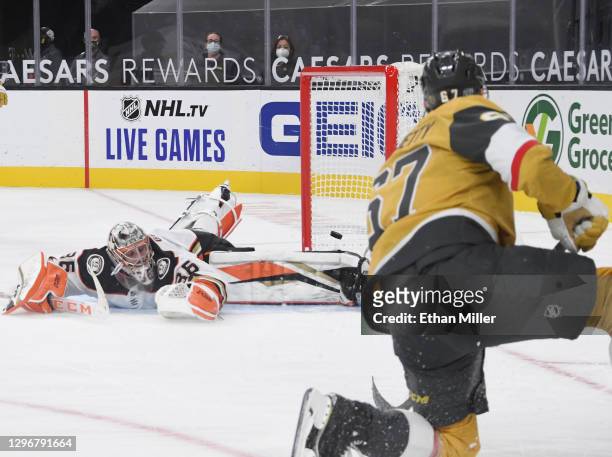Max Pacioretty of the Vegas Golden Knights scores a goal against John Gibson of the Anaheim Ducks in overtime to win their game 2-1 at T-Mobile Arena...