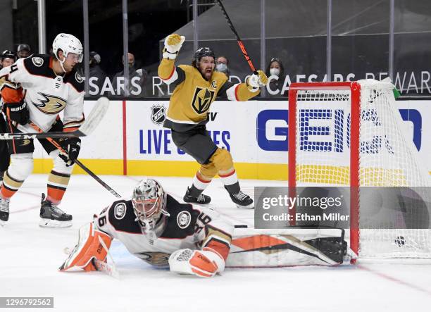 Mark Stone of the Vegas Golden Knights celebrates after he passed to Max Pacioretty who beat John Gibson of the Anaheim Ducks with a shot in overtime...