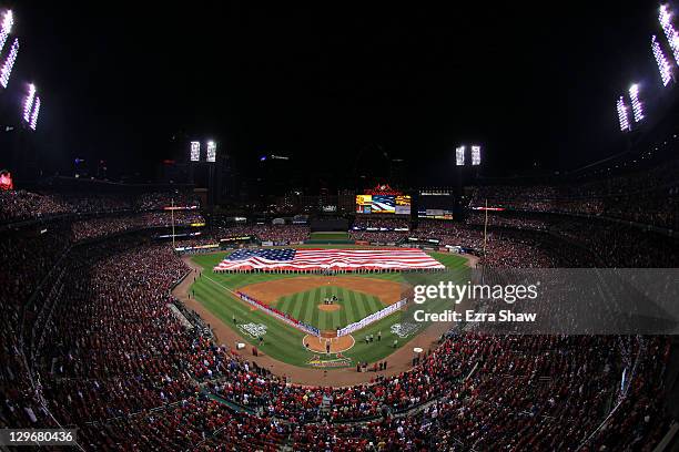 General view of the stadium is seen during Game One of the MLB World Series between the Texas Rangers and the St. Louis Cardinals at Busch Stadium on...
