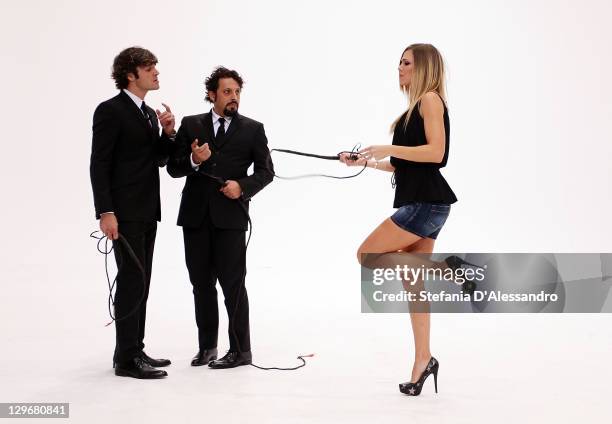 Luca Argentero, Enrico Brignano and Ilary Blasi attend "Le Iene" Italian TV Show held at Mediaset Studios on October 19, 2011 in Milan, Italy.