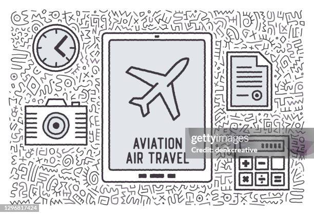 aviation air travel vector doodle design - delayed flight board stock illustrations